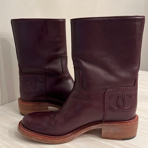 CHANEL Shoes - Chanel burgundy leather short heeled boot. Size 38.5 (euro)/ Size 8.5 (USA)
